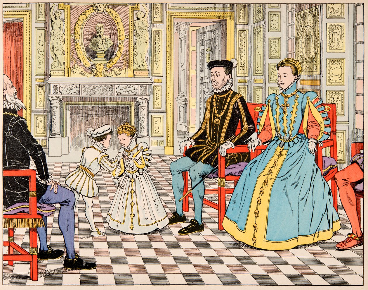 Ilustracja z książki „Le bon roy Henri”, zilustrowana przez Jacques Marie Gaston Onfray de Breville dit JOB (1858-1931): Antoine de Bourbon zabrał go do Paryża i przedstawił kuzynowi Henrykowi II, który podał mu rękę córka Małgorzata de autorstwa pseudonym for Onfray de Breville Jacques Job