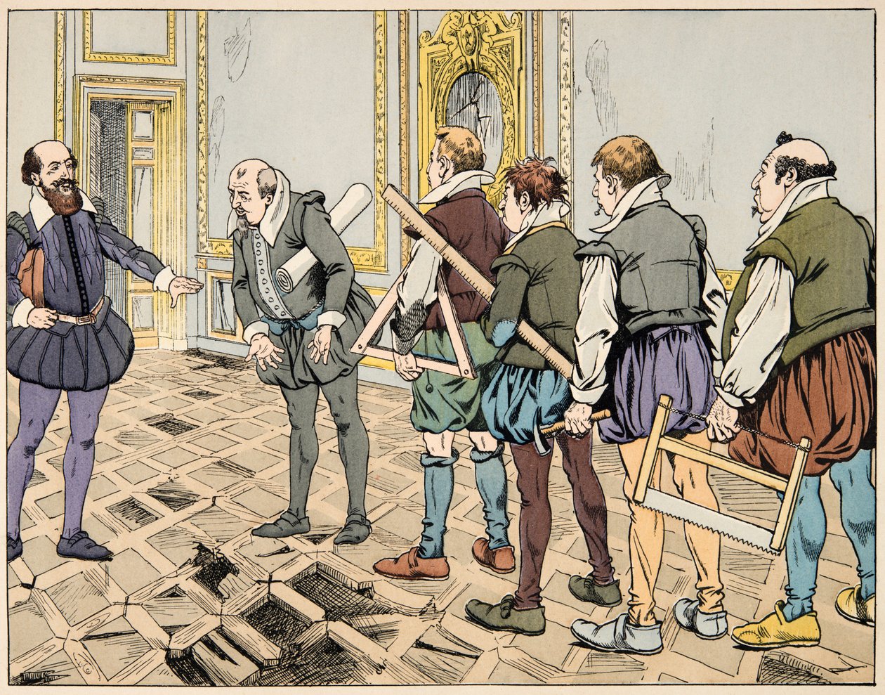 Ilustracja z książki „Le bon roy Henri”, ilustrowana przez Jacquesa Marie Gastona Onfray de Breville dit JOB (1858-1931): Sully (Maximilian de Bethune) pokazuje surową gospodarkę – zbiory prywatne autorstwa pseudonym for Onfray de Breville Jacques Job
