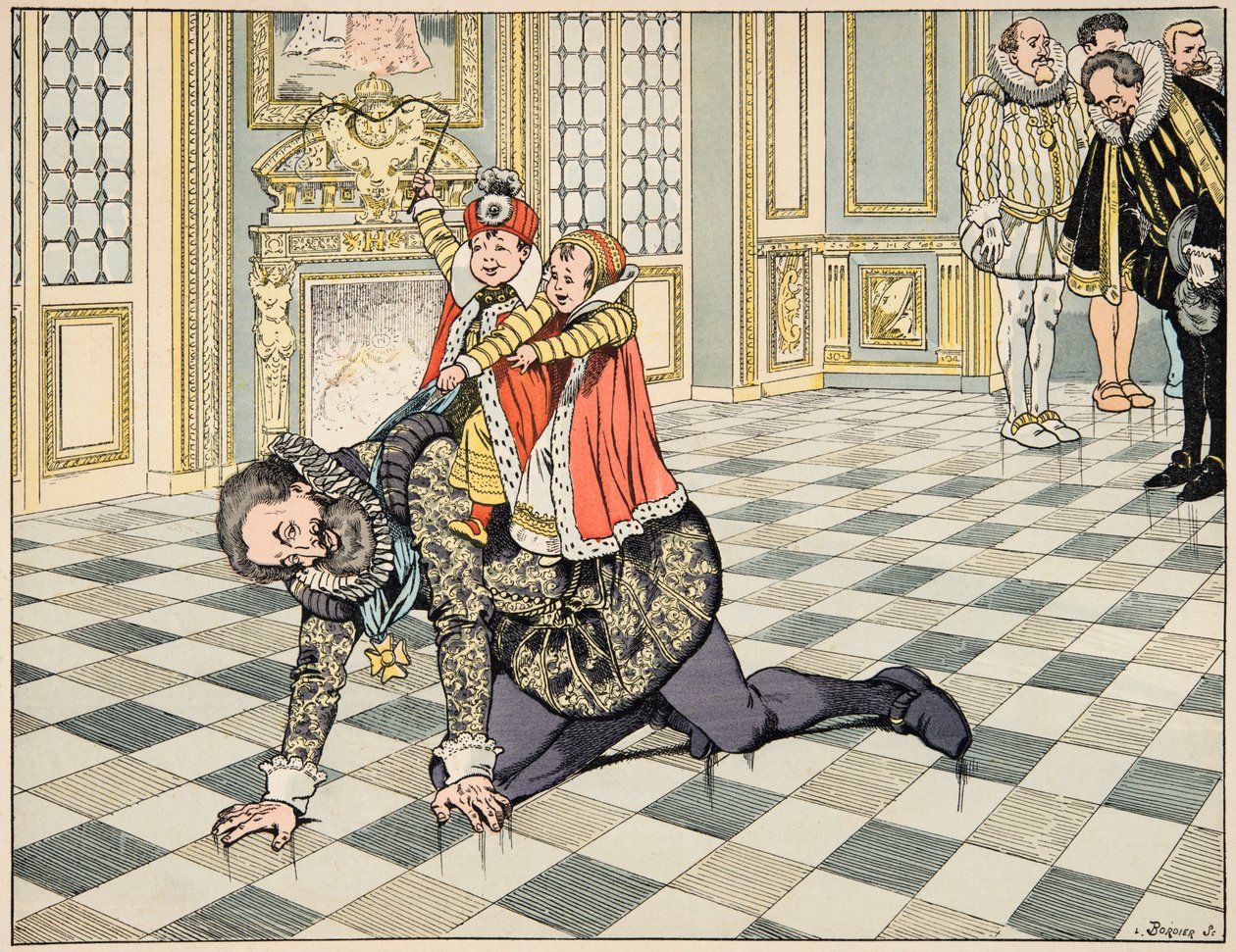 Ilustracja z książki „Le bon roy Henri”, ilustracja Jacques Marie Gaston Onfray de Breville dit JOB (1858-1931): Przed ambasadorem Hiszpanii Henryk IV bawi się ze swoimi dziećmi – kolekcja prywatna autorstwa pseudonym for Onfray de Breville Jacques Job