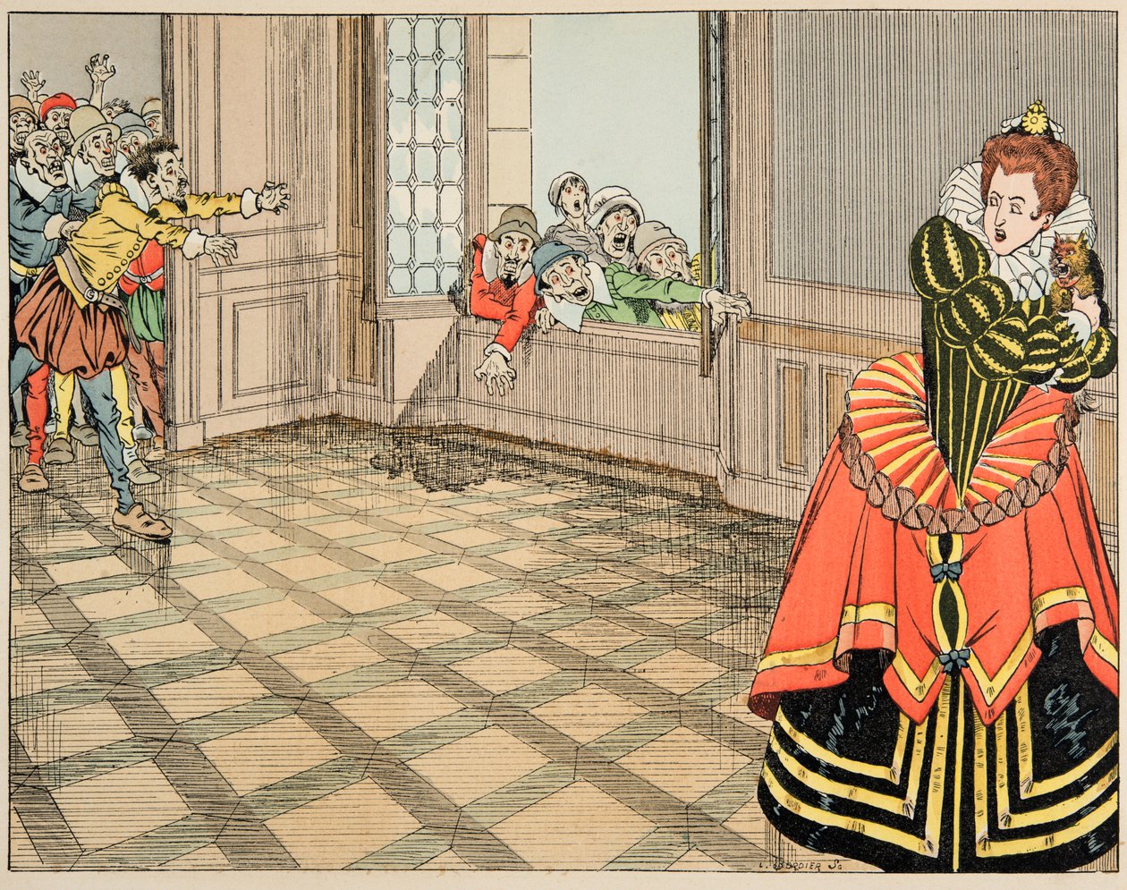 Ilustracja z książki „Le bon roy Henri”, ilustracja Jacques Marie Gaston Onfray de Breville dit JOB (1858-1931): Księżna Montpensier (Catherine de Lorraine autorstwa pseudonym for Onfray de Breville Jacques Job
