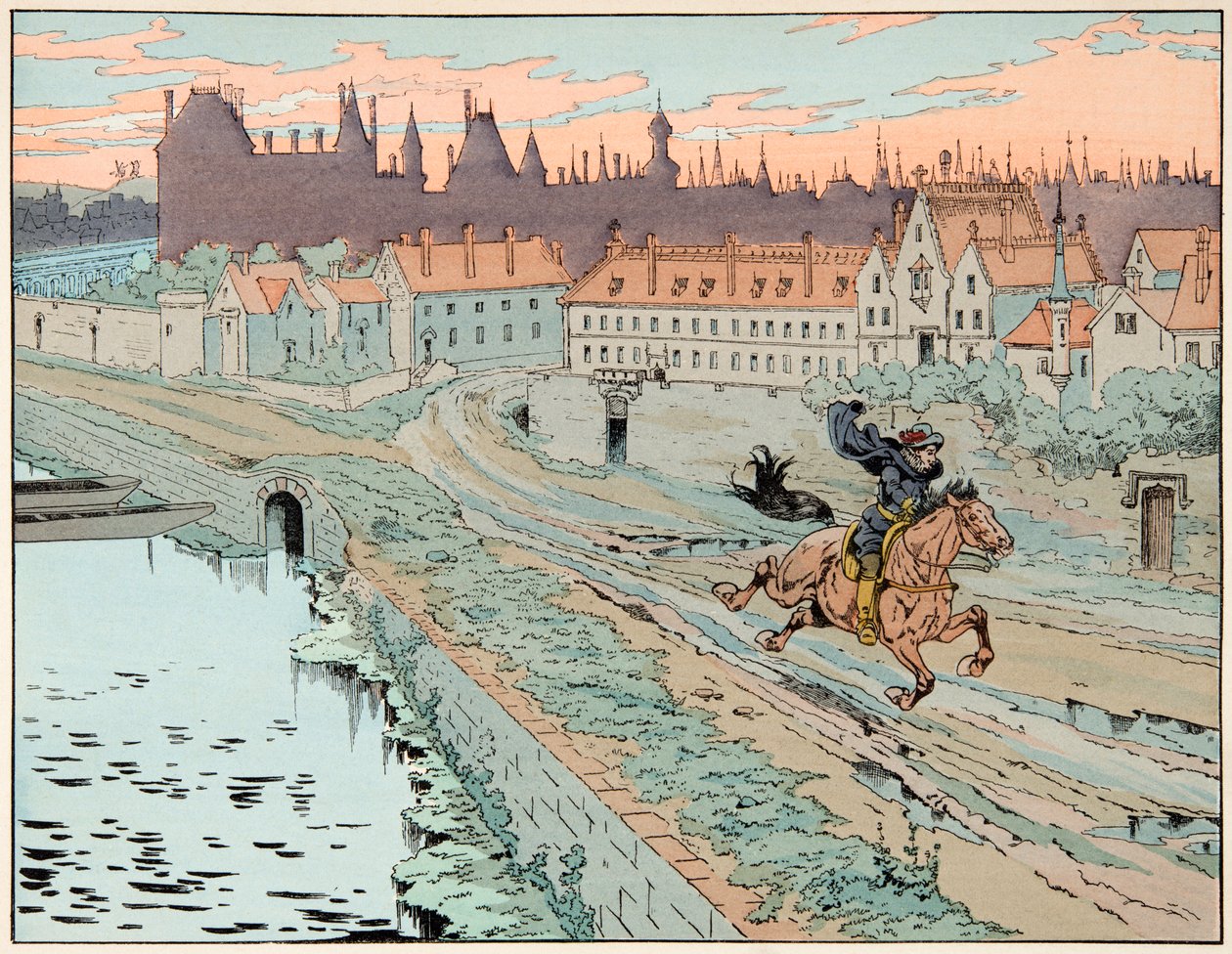 Ilustracja zaczerpnięta z książki „Le bon roy Henri””, ilustracja Jacques Marie Gaston Onfray de Breville dit JOB (1858-1931): W 1575 Henryk IV uciekł z Paryża - Zbiory prywatne autorstwa pseudonym for Onfray de Breville Jacques Job