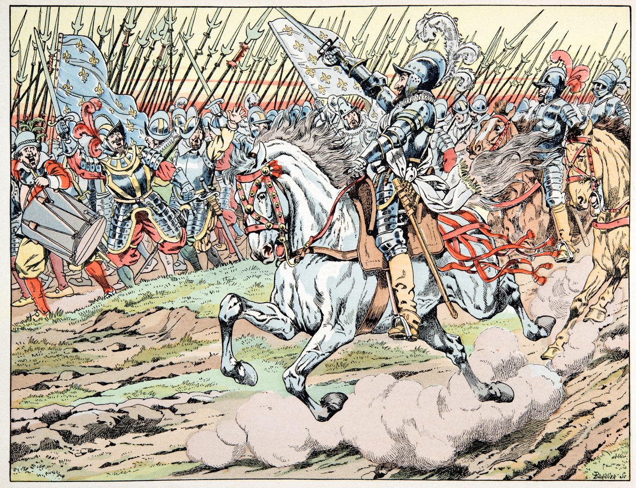Ilustracja zaczerpnięta z książki „Le bon roy Henri””, ilustrowana przez Jacques Marie Gaston Onfray de Breville dit JOB (1858-1931): Henri IV przed swoją armią: Follow mon plume blanc - kolekcja prywatna autorstwa pseudonym for Onfray de Breville Jacques Job