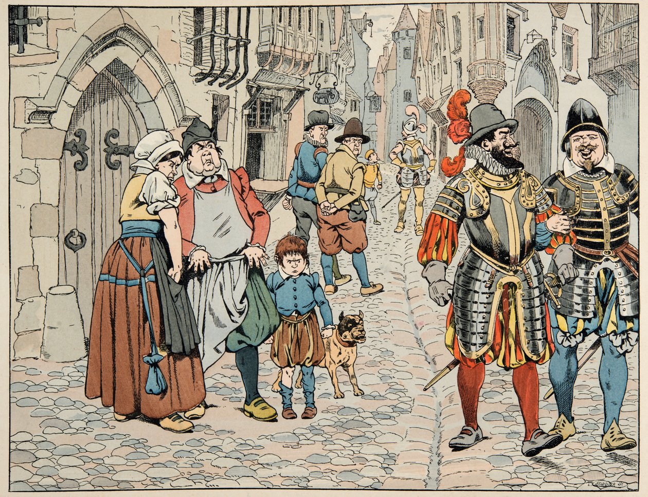Ilustracja zaczerpnięta z książki „Le bon roy Henri””, ilustrowana przez Jacques Marie Gaston Onfray de Breville dit JOB (1858-1931): Paryżanie kiepskim okiem widzą obce wojska idące im z pomocą - Zbiory prywatne autorstwa pseudonym for Onfray de Breville Jacques Job