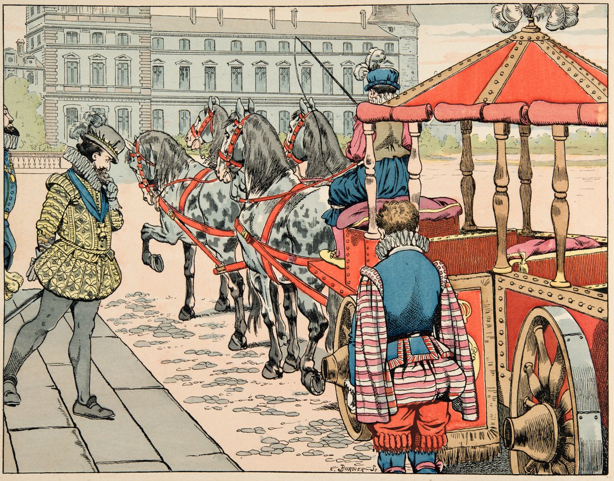 Ilustracja zaczerpnięta z książki „Le bon roy Henri””, ilustrowana przez Jacques Marie Gaston Onfray de Breville dit JOB (1858-1931): 14 maja 1610 Henri IV aprobuje jazdę odkrytym powozem - kolekcja prywatna autorstwa pseudonym for Onfray de Breville Jacques Job