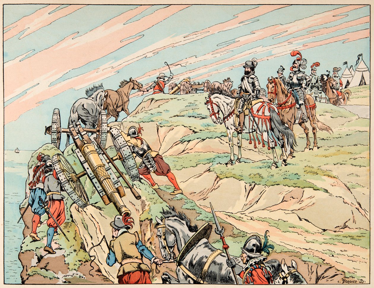 Ilustracja zaczerpnięta z książki „Le bon roy Henri””, ilustrowana przez Jacques Marie Gaston Onfray de Breville dit JOB (1858-1931): Henryk IV podczas wojny założył swój obóz w pobliżu Dieppe ze swoją artylerią - zbiory prywatne autorstwa pseudonym for Onfray de Breville Jacques Job