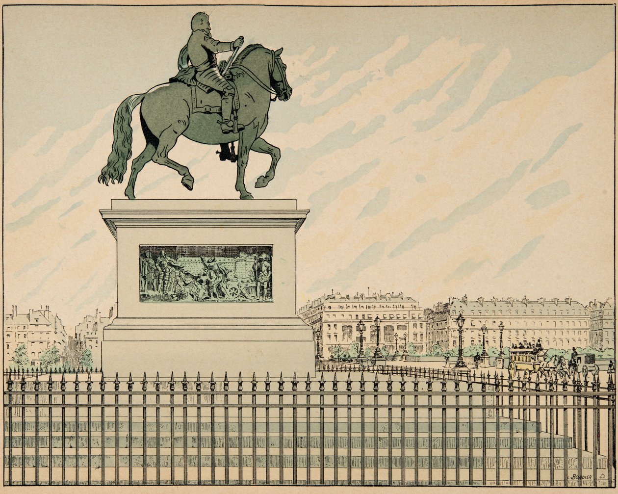 Ilustracja zaczerpnięta z książki „Le bon roy Henri””, ilustracja Jacques Marie Gaston Onfray de Breville dit JOB (1858-1931): Statua erige ku pamięci Henryka IV – kolekcja prywatna autorstwa pseudonym for Onfray de Breville Jacques Job