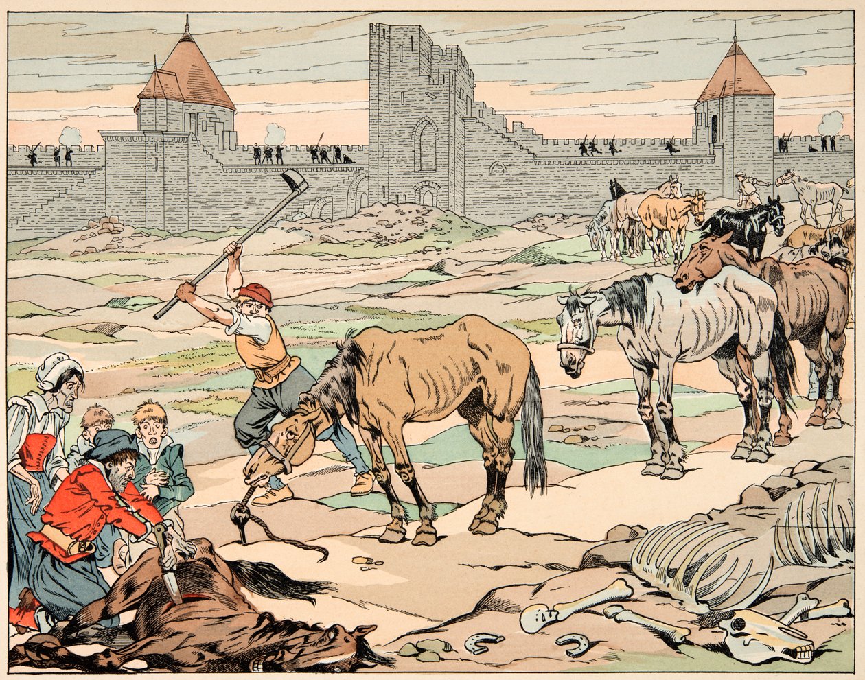Ilustracja zaczerpnięta z książki „Le bon roy Henri”, ilustracja Jacques Marie Gaston Onfray de Breville dit JOB (1858-1931): Paryżanie głodni ubijają swoje konie - kolekcja prywatna autorstwa pseudonym for Onfray de Breville Jacques Job