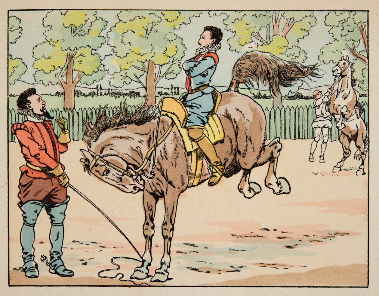 Ilustracja zaczerpnięta z książki „Le bon roy Henri””, ilustrowana przez Jacques Marie Gaston Onfray de Breville dit JOB (1858-1931): Edukacja w szesnastowiecznym jeździectwie - kolekcja prywatna autorstwa pseudonym for Onfray de Breville Jacques Job