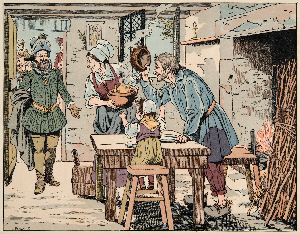 Ilustracja zaczerpnięta z książki „Le bon roy Henri””, ilustracja Jacques Marie Gaston Onfray de Breville dit JOB (1858-1931): Henryk IV u chłopów, jeść kurczaka w garnku - kolekcja prywatna autorstwa pseudonym for Onfray de Breville Jacques Job