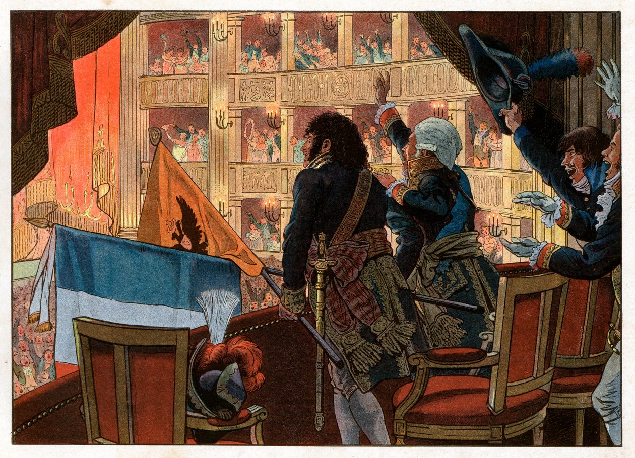 We Florencji, w sali teatralnej, Joachim Murat (1767-1815) i ambasador Rosji jednoczą swoją flagę z największą radością współczesności. Grawerowanie: Jacques Marie Gaston Onfray de Breville dit Job (1858-1931) autorstwa pseudonym for Onfray de Breville Jacques Job