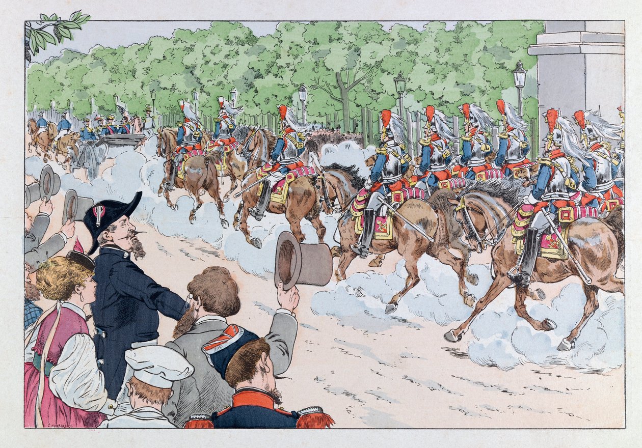 Jacques Marie Gaston Onfray de Breville z pracy (1858 - 1931); Ilustracja z książki „Les epees de France”: Eskorta cesarza Napoleona 3 na Polach Elizejskich; Zb, część autorstwa pseudonym for Onfray de Breville Jacques Job