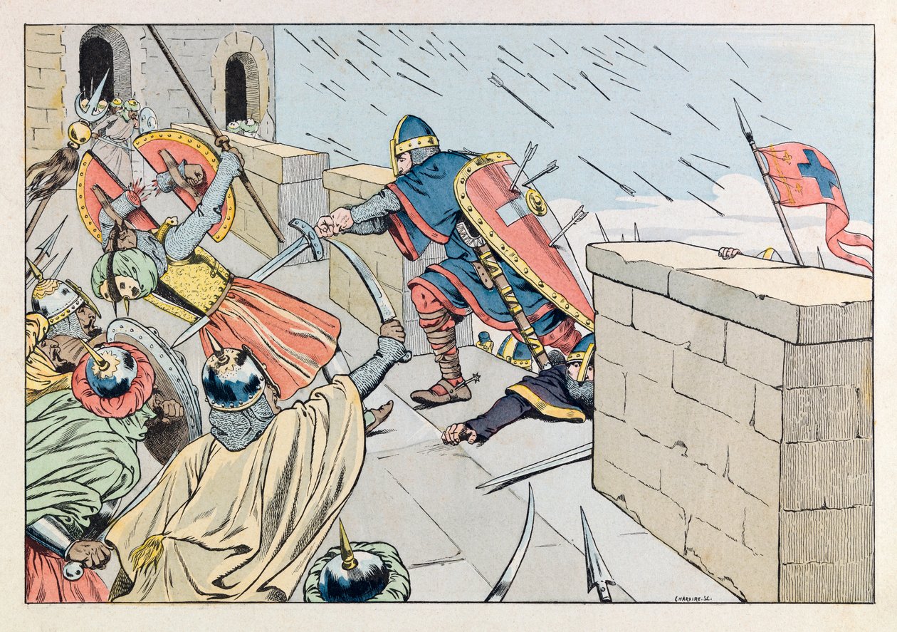 Jacques Marie Gaston Onfray de Breville zwany PRACĄ (1858 - 1931); Ilustracja z książki „Les epees de France”: Zabrany z Jerozolimy przez Godefroya de Bouillon w 1099; Dz. autorstwa pseudonym for Onfray de Breville Jacques Job