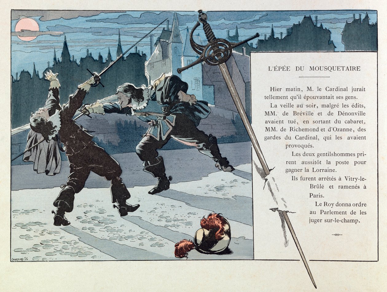 Jacques Marie Gaston Onfray de Breville z pracy (1858 - 1931); Ilustracja z książki „Les epees de France”: Pojedynek muszkietera ze strażnikiem kardynała (M de Breville i Denonville zabili pana de Richemmond i pana d