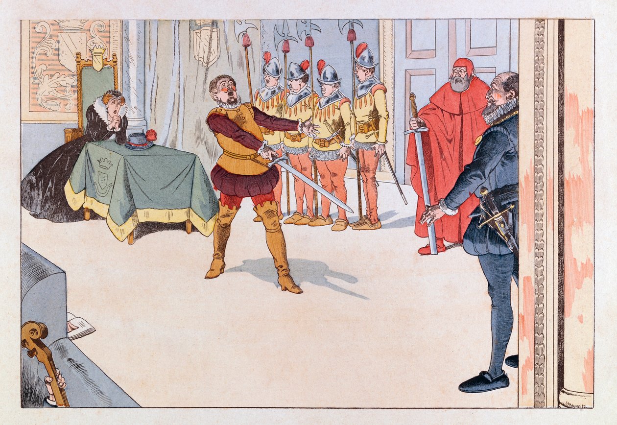 Jacques Marie Gaston Onfray de Breville zwany PRACĄ (1858 - 1931); Ilustracja z książki „Les epees de France”: Piece de theatre au 19th century; Zb. Udostępnij autorstwa pseudonym for Onfray de Breville Jacques Job
