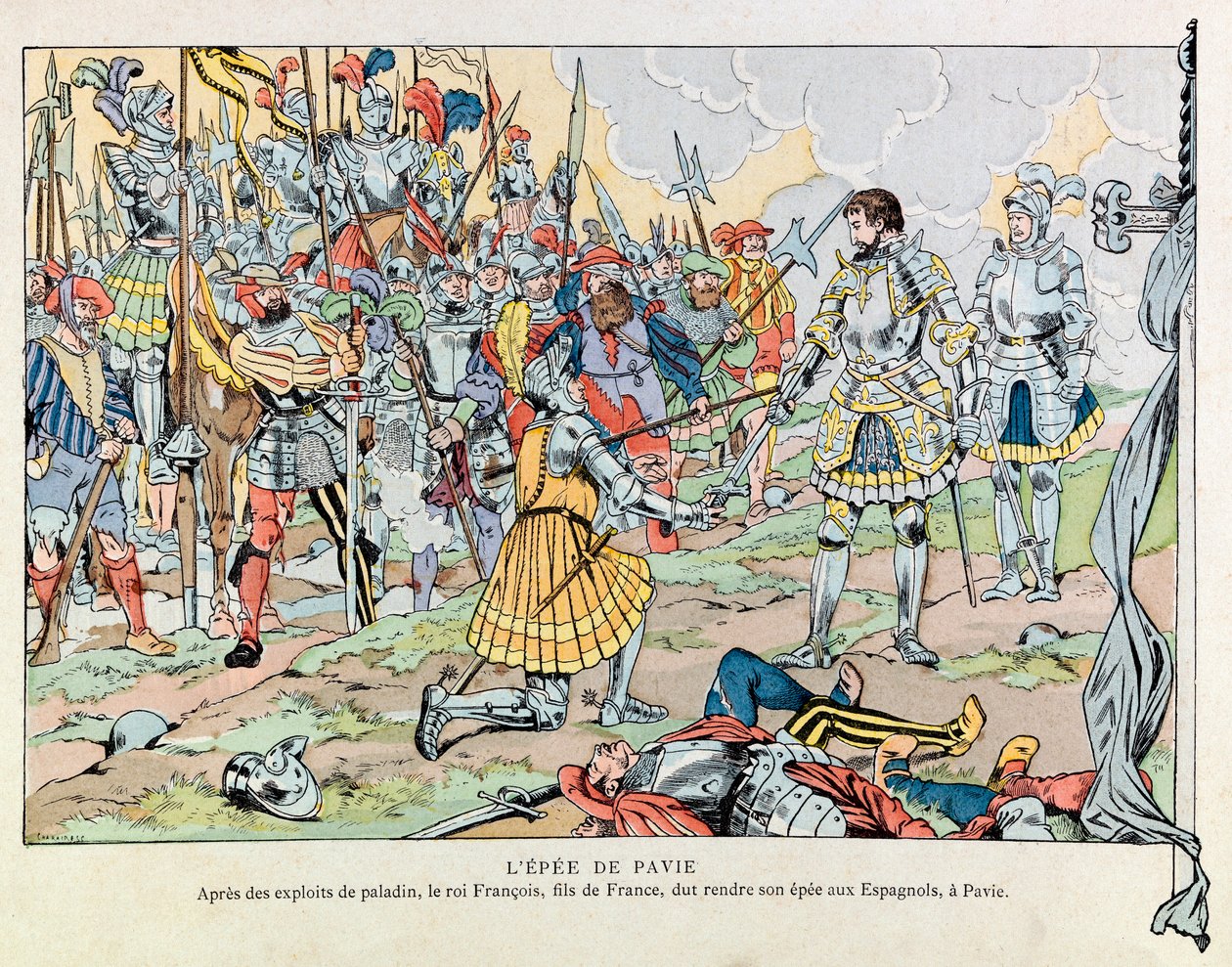 Jacques Marie Gaston Onfray de Breville z pracy (1858 - 1931); Ilustracja z książki „Les epees de France””: Król Francois 1. zwraca swój miecz Hiszpanom po klęsce Pawii 24 lutego autorstwa pseudonym for Onfray de Breville Jacques Job