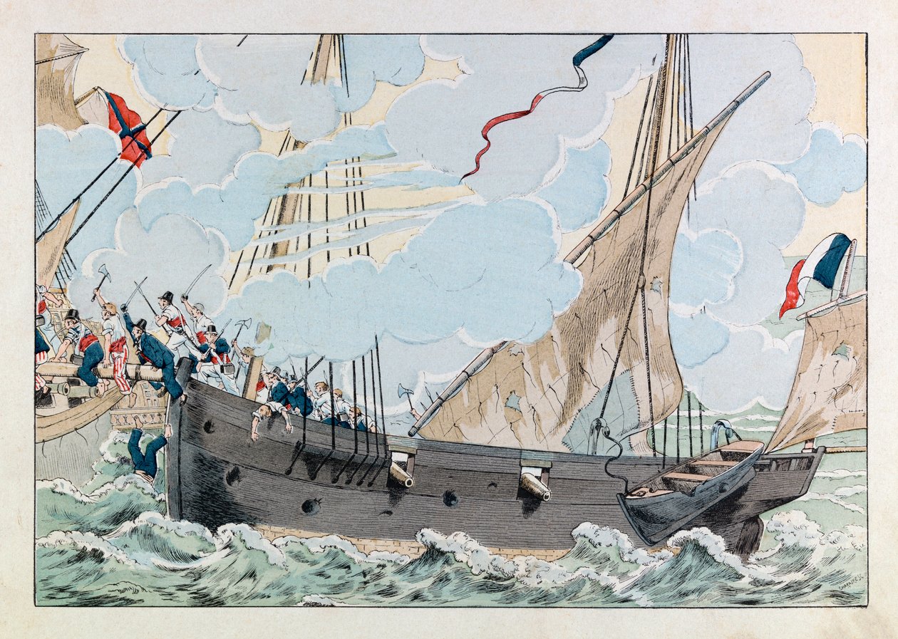 Jacques Marie Gaston Onfray de Breville z pracy (1858 - 1931); Ilustracja z książki „Les epees de France””: Robert Surcouf (1773-1827) ze swoim statkiem „La Coquette” atakuje angielski statek „The Queen Mary”; Zb, część autorstwa pseudonym for Onfray de Breville Jacques Job