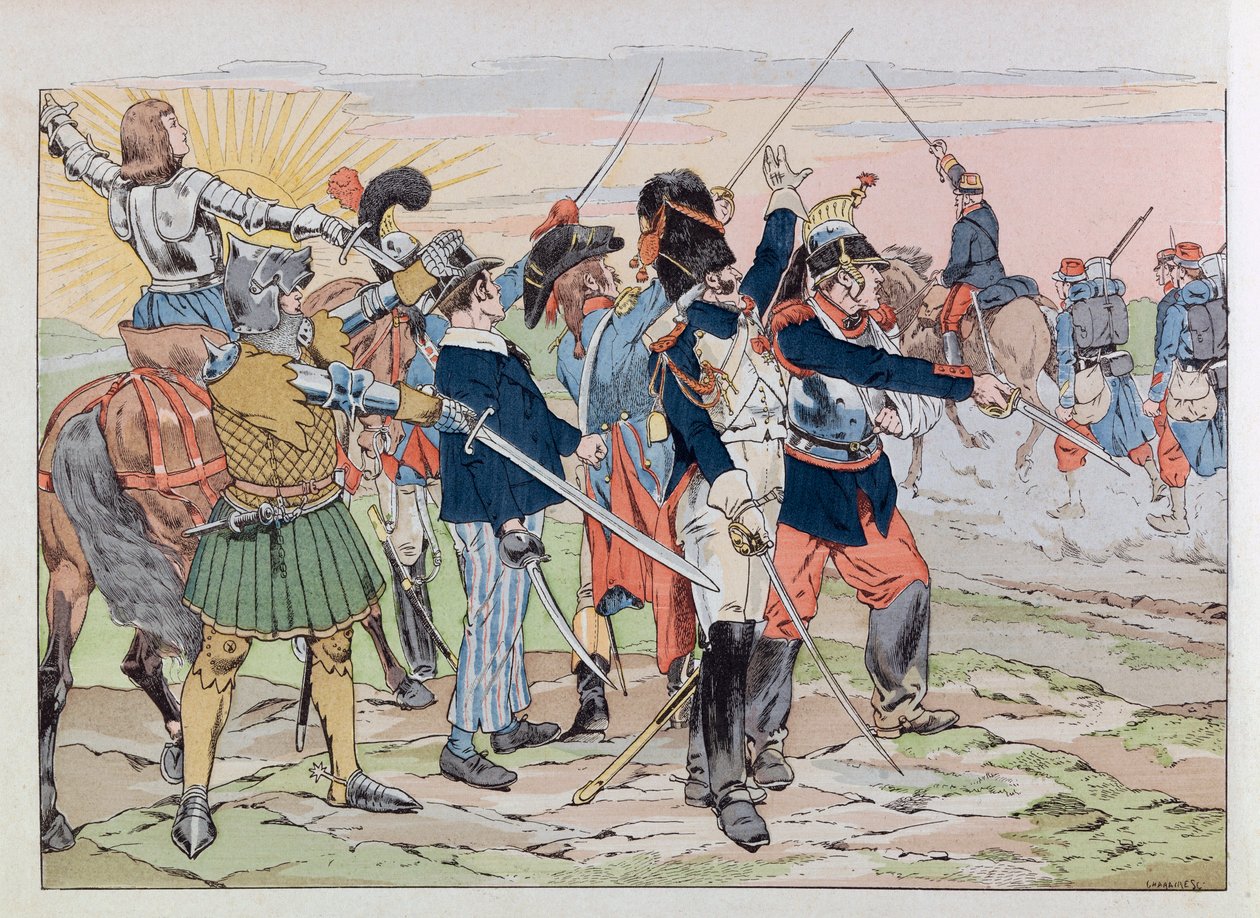 Jacques Marie Gaston Onfray de Breville zwany PRACĄ (1858 - 1931); Ilustracja z książki „Les epees de France”: Alegoria chwały Francji dla włochatych ludzi z 1914 roku; Dz.U., Udostępnij autorstwa pseudonym for Onfray de Breville Jacques Job