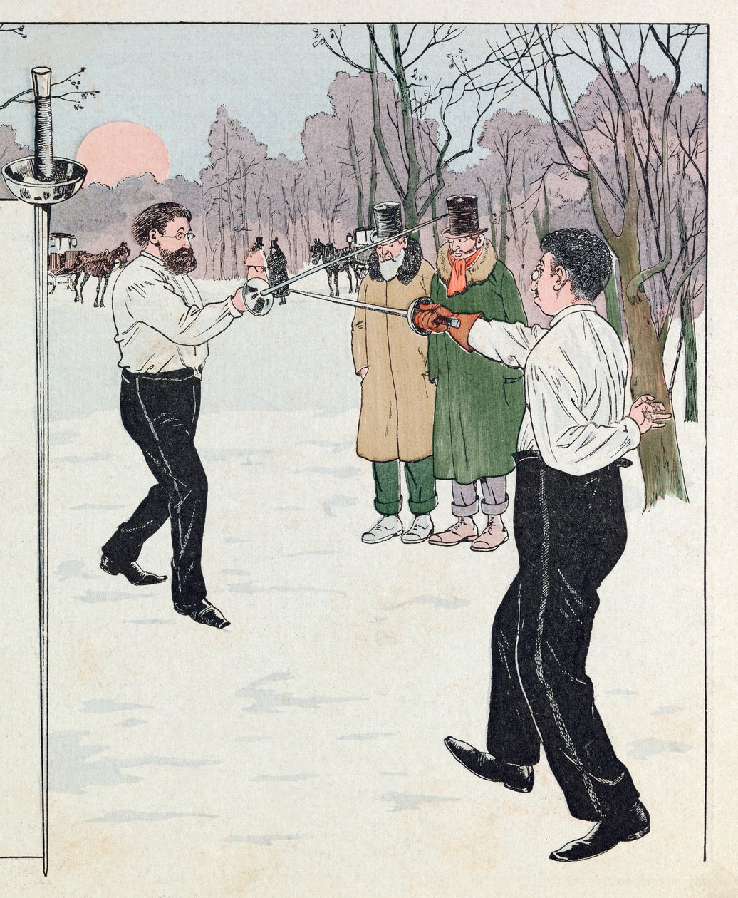 Jacques Marie Gaston Onfray de Breville zwany PRACĄ (1858 - 1931); Ilustracja z książki „Les epees de France”: Pojedynek w 1894; Dz.U., Udostępnij autorstwa pseudonym for Onfray de Breville Jacques Job
