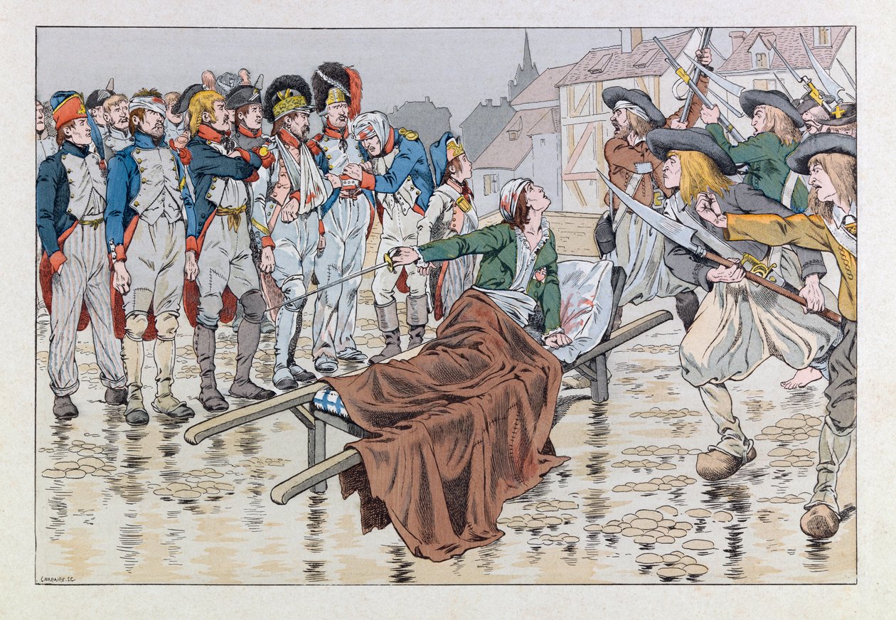 Jacques Marie Gaston Onfray de Breville z pracy (1858 - 1931); Ilustracja z książki „Les epees de France”: Markiz de Bonchamps śmiertelnie ranny po bitwie pod Cholet w 1793 r. ratuje republikańskich jeńców z rąk chouanów; Coll, Par autorstwa pseudonym for Onfray de Breville Jacques Job