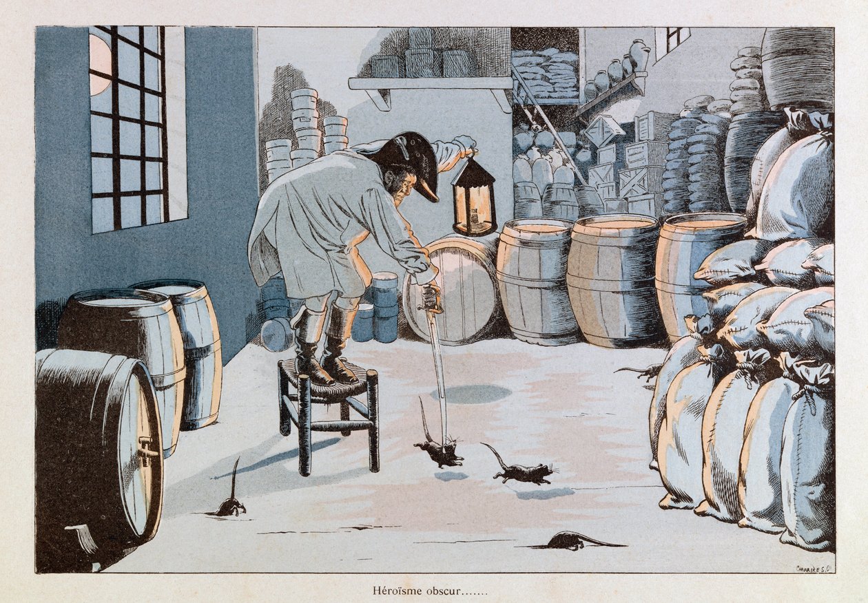 Jacques Marie Gaston Onfray de Breville zwany PRACĄ (1858 - 1931); Ilustracja z „Les epees de France”: Komisarz ds. Zaopatrzenia Armii przeciwko Armii Szczurów; Dz.U., Udostępnij autorstwa pseudonym for Onfray de Breville Jacques Job