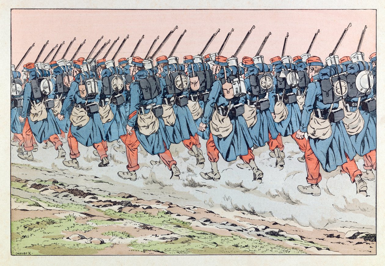 Jacques Marie Gaston Onfray de Breville zwany PRACĄ (1858 - 1931); Ilustracja z książki „”Les epees de France””: Owłosieni 14-latkowie w drodze na front; Dz.U., Udostępnij autorstwa pseudonym for Onfray de Breville Jacques Job