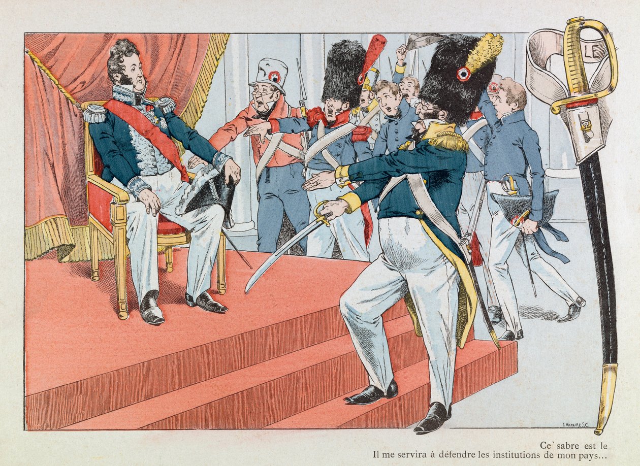 Jacques Marie Gaston Onfray de Breville z pracy (1858 - 1931); Ilustracja zaczerpnięta z książki „Les epees de France””: Ludwik Filip (1773-1850) na tronie (Henri Monnier odbierający insygnia Gwardii Narodowej „” Ta szabla jest najpiękniejsza autorstwa pseudonym for Onfray de Breville Jacques Job