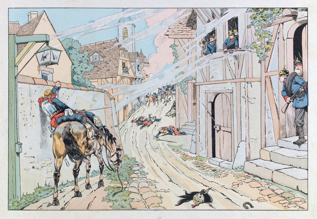 Jacques Marie Gaston Onfray de Breville z pracy (1858 - 1931); Ilustracja zaczerpnięta z książki „Les epees de France””: Epizod wojny francusko-pruskiej z 1870 r., Szturm dokonany przez 9. kirasjerów w wiosce Morsbronn; Zb, część autorstwa pseudonym for Onfray de Breville Jacques Job