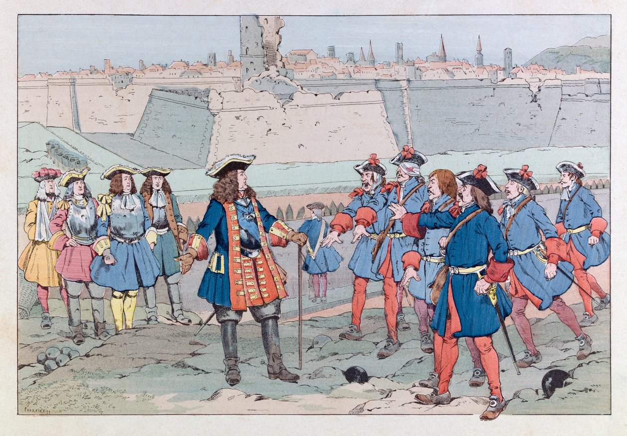 Jacques Marie Gaston Onfray de Breville zwany PRACĄ (1858 - 1931); Ilustracja zaczerpnięta z książki „Les epees de France”: Le marechal de Villars przejął miasto Douai 27 sierpnia autorstwa pseudonym for Onfray de Breville Jacques Job