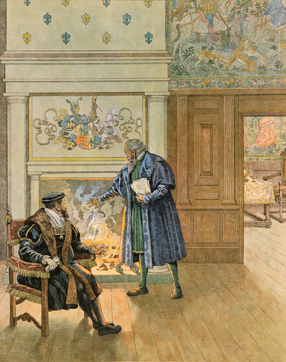 Jacques Marie Gaston Onfroy de Breville dit JOB (1858-1931) - Historia Belgii: Cesarz Karol V (1500 - 1558) odwiedzający wielkich kupców i finansistów miasta Antwerpia, kolekcja prywatna autorstwa pseudonym for Onfray de Breville Jacques Job