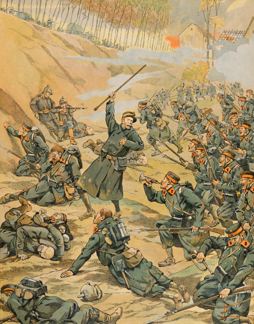 Jacques Marie Gaston Onfroy de Breville dit JOB (1858-1931) - Historia Belgii: obrona pętli Schoorbakke Tervaete przez piechotę podczas bitwy nad Yserem w 1914 r., zbiory prywatne autorstwa pseudonym for Onfray de Breville Jacques Job