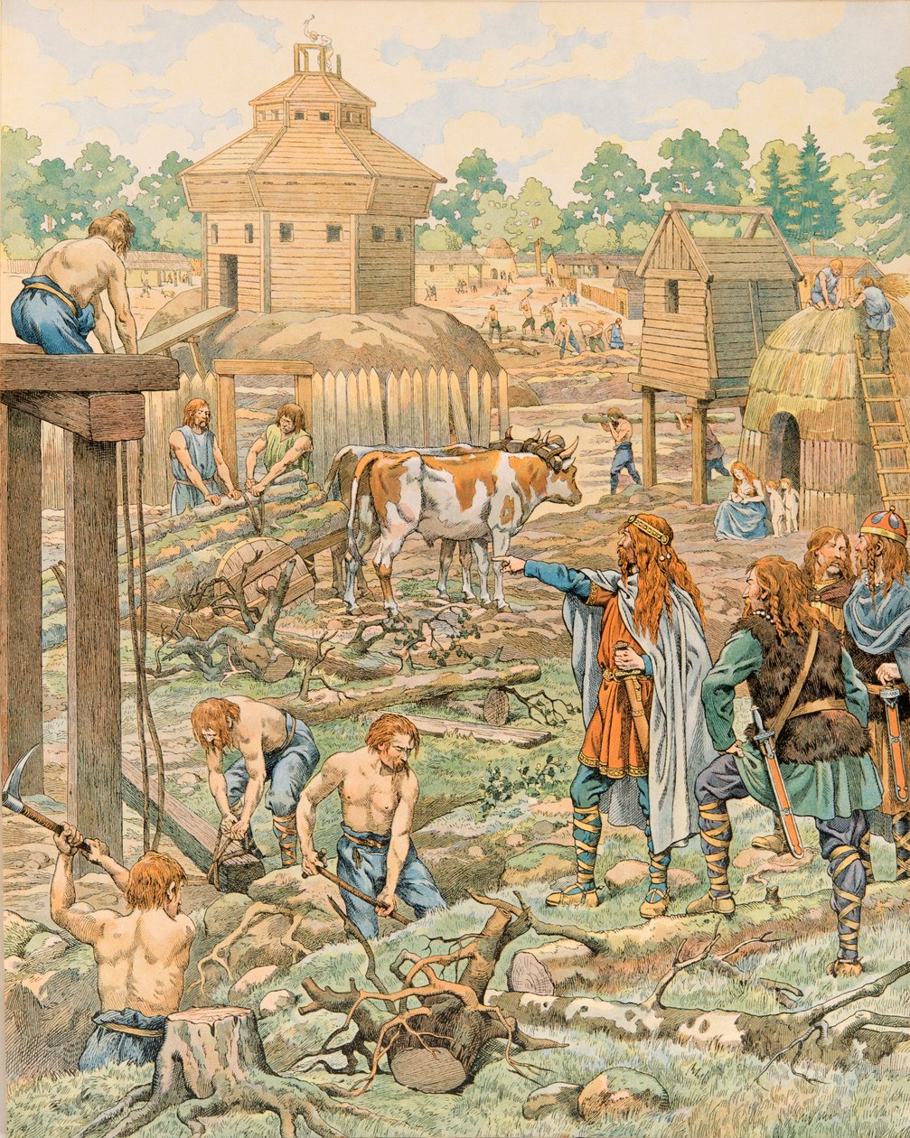 Jacques Marie Gaston Onfroy de Breville dit JOB (1858-1931) - Historia Belgii: Clodion le Chevelu (około 390-około 450), król franków, założył swoją stolicę w Tournai (turniej), kolekcja prywatna autorstwa pseudonym for Onfray de Breville Jacques Job