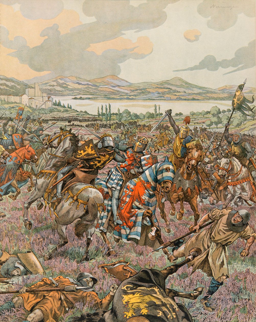 Jacques Marie Gaston Onfroy de Breville dit JOB (1858-1931) - Historia Belgii: Jan I książę Brabancji zwyciężył w bitwie pod Woeringen w 1288 roku podczas wojny o sukcesję w Limburgii i dał Brabancji autonomię Niemcom, kolekcja prywatna autorstwa pseudonym for Onfray de Breville Jacques Job