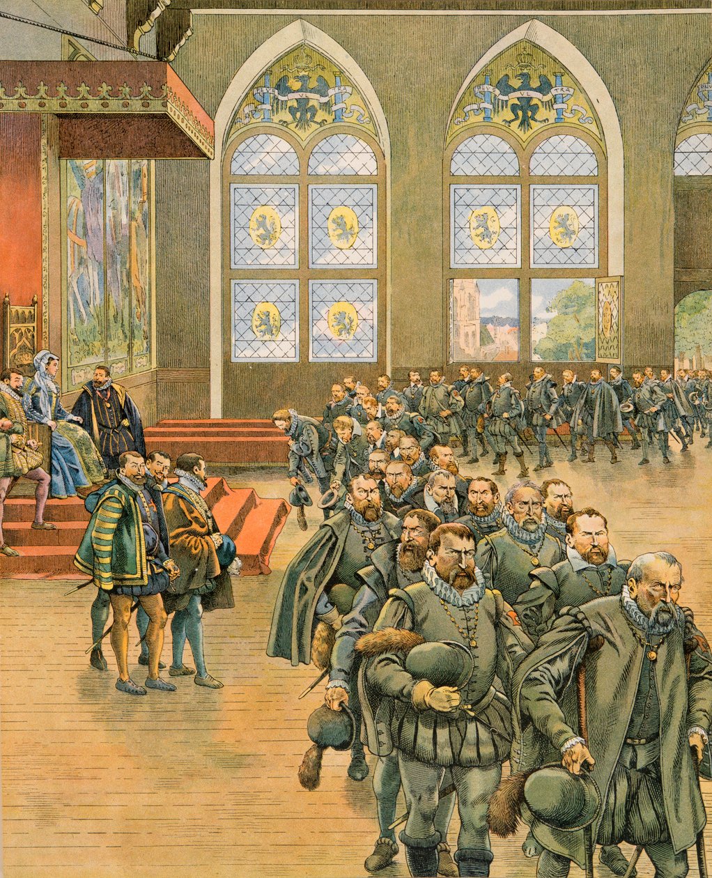 Jacques Marie Gaston Onfroy de Breville dit JOB (1858-1931) - Historia Belgii: państwo Gueux przedstawiają swoje pełne szacunku protesty Marguerite de Parma (1522-1586), guwernantce Holandii za Filipa II (1527-1598), w 1566 roku, Prywatna kolekcja autorstwa pseudonym for Onfray de Breville Jacques Job