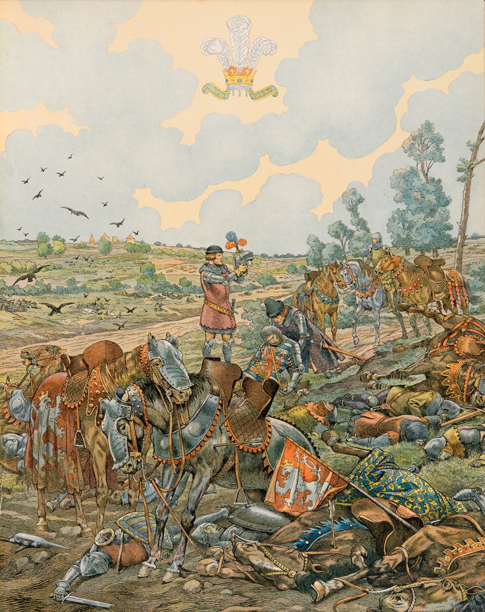 Jacques Marie Gaston Onfroy de Breville dit JOB (1858-1931) - Historia Belgii: Jan 1, hrabia Luksemburga dit l Blind (1296 - 1346) upada w bitwie pod Crecy 26 sierpnia 1346, kolekcja prywatna autorstwa pseudonym for Onfray de Breville Jacques Job