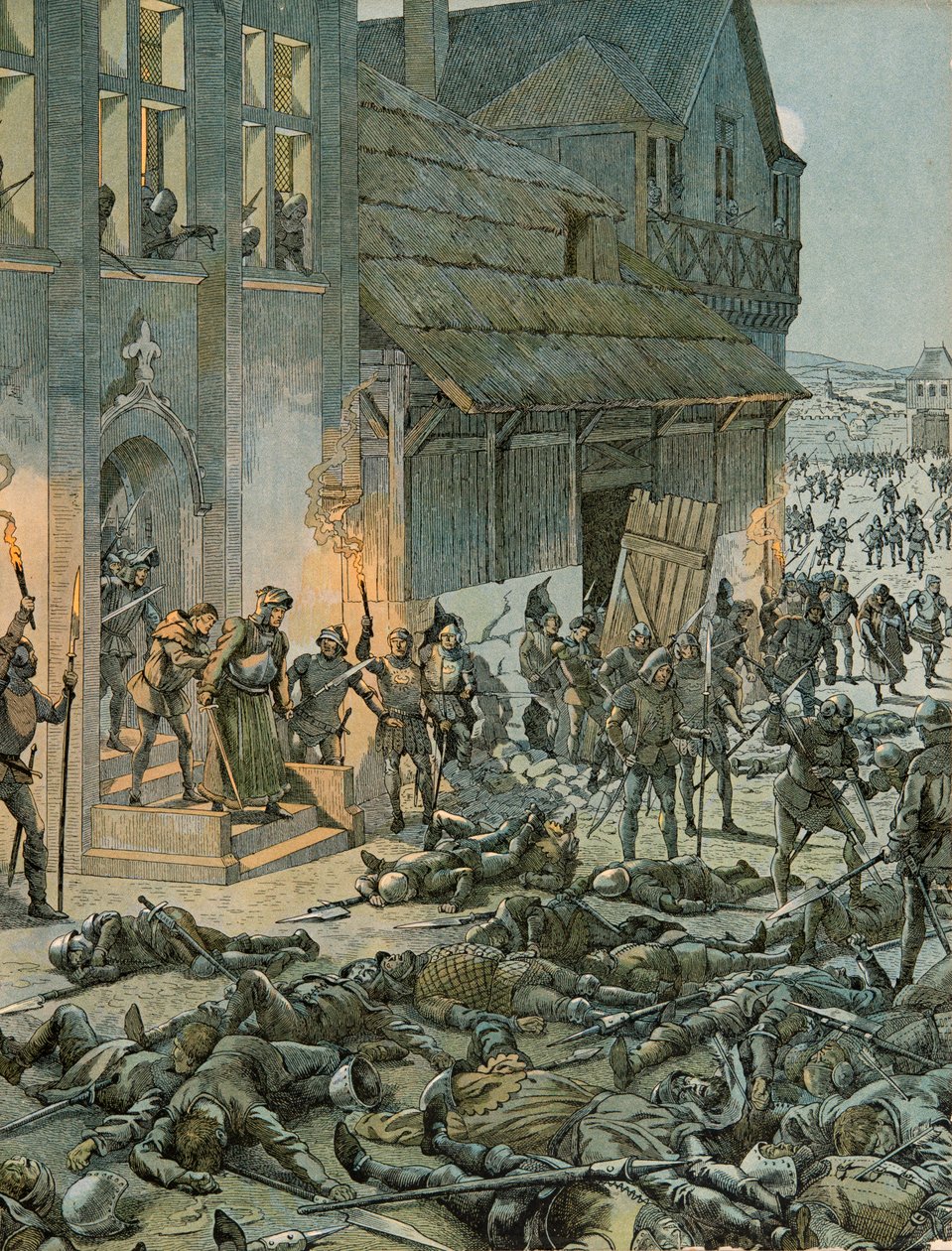 Jacques Marie Gaston Onfroy de Breville dit JOB (1858-1931) - Historia Belgii: W nocy z 27 na 28 października 1468 sześciuset Franchimontoni zaskoczyło francuskich żołnierzy Karola Temerary