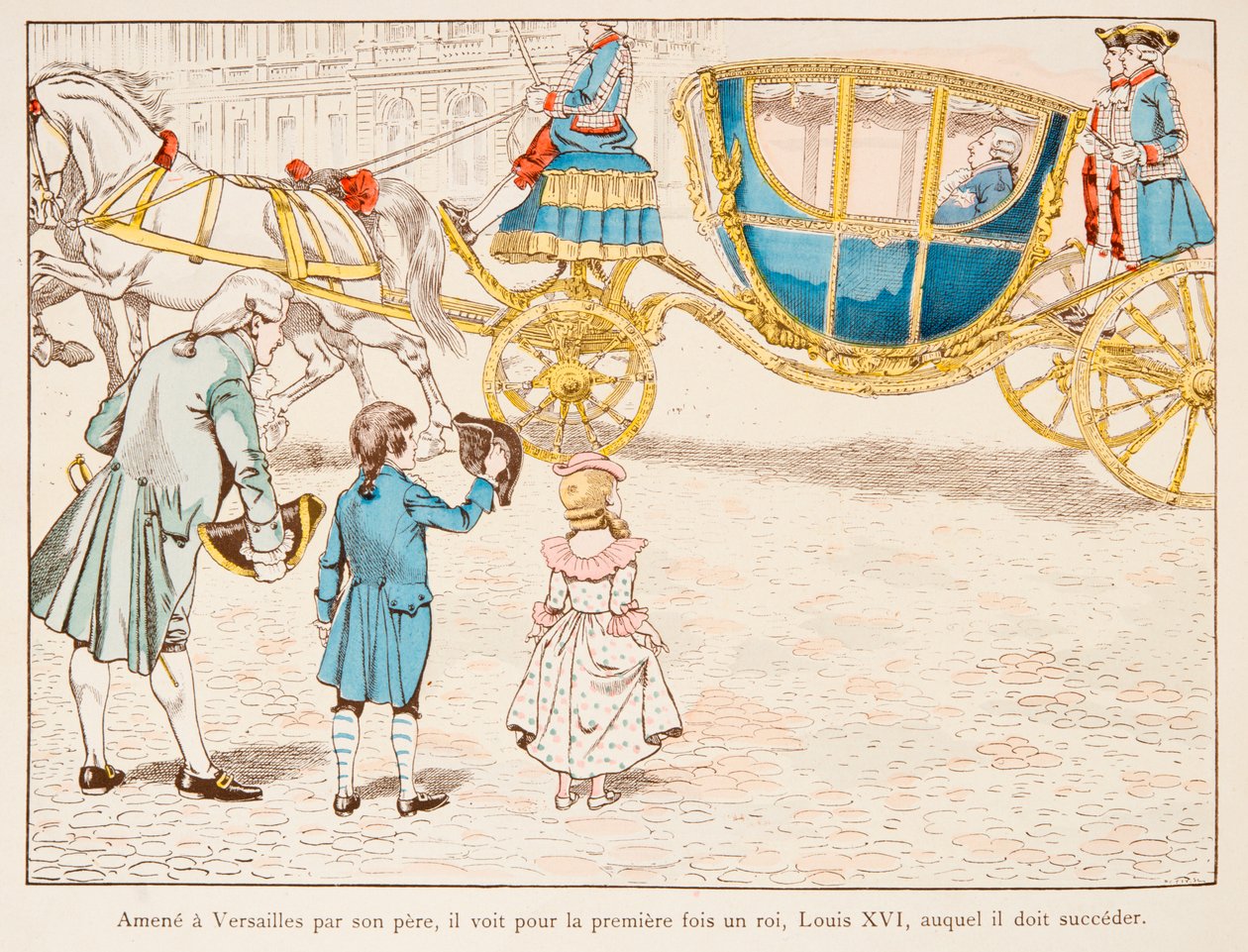 Jacques Marie Gaston Onfroy de Breville dit JOB (1858-1931) - Napoleon Bonaparte sprowadzony do Wersalu przez ojca widzi po raz pierwszy króla Ludwika XVI w Carossus w 1770 r., zbiory prywatne autorstwa pseudonym for Onfray de Breville Jacques Job