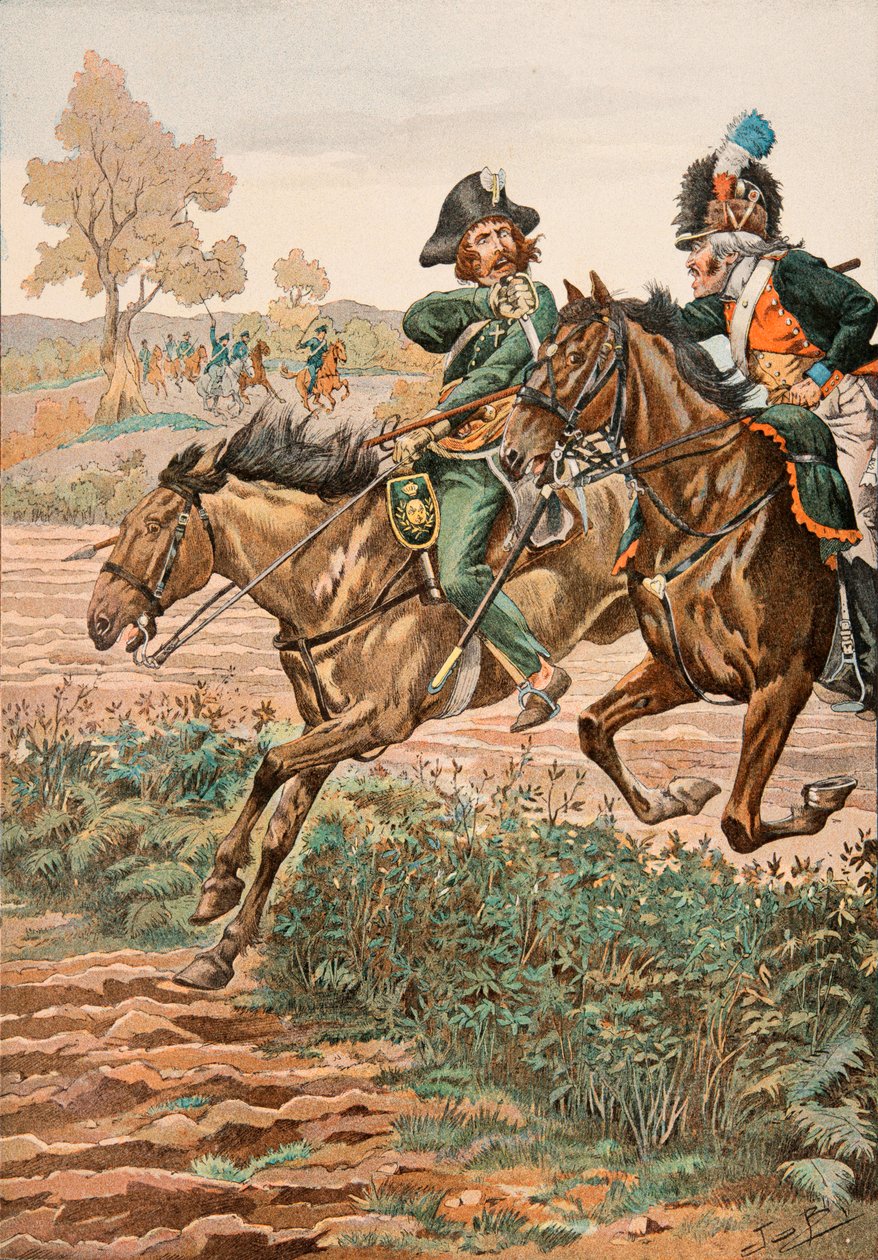 Jacques Marie Gaston Onfroy de Breville dit JOB (1858-1931) - Strój wojsk francuskich wszech czasów: Cavalier Vendeen i piqueur (lub Piconnier) na koniu Legionu Germanów (1793), kolekcja prywatna autorstwa pseudonym for Onfray de Breville Jacques Job