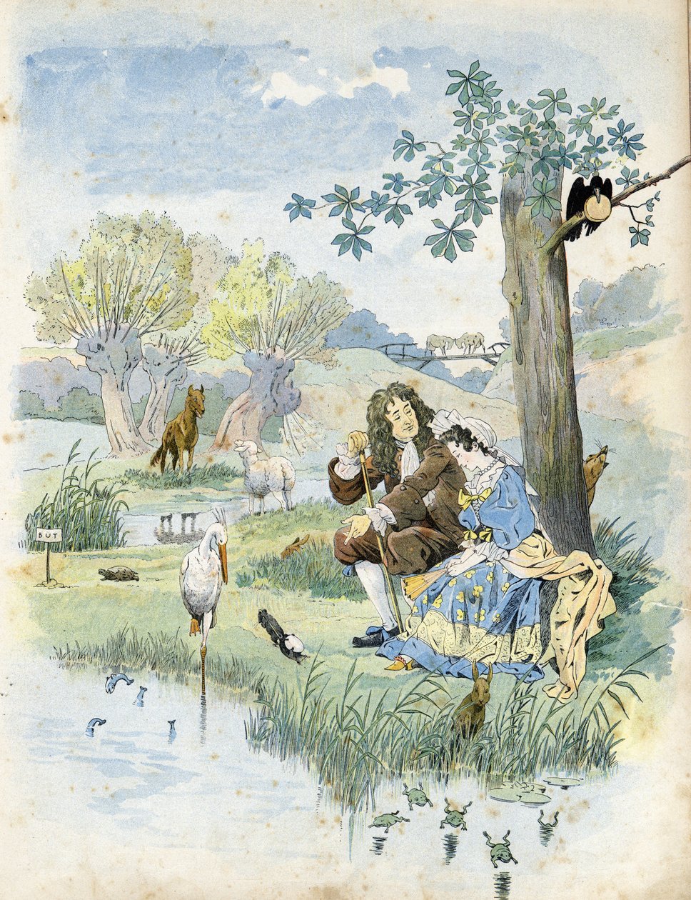 Jean de La Fontaine (Lafontaine) (1621-1695) rozmawia z młodą dziewczyną. Wokół nich zwierzęta obecne w bajkach poety: wilk, baranek, bocian, żółw, szczur, żaba, zając, lis, kruk… we „”Francja, jego historia opowiada G. Montorgueil, imagee by Job”” ” 1896. autorstwa pseudonym for Onfray de Breville Jacques Job