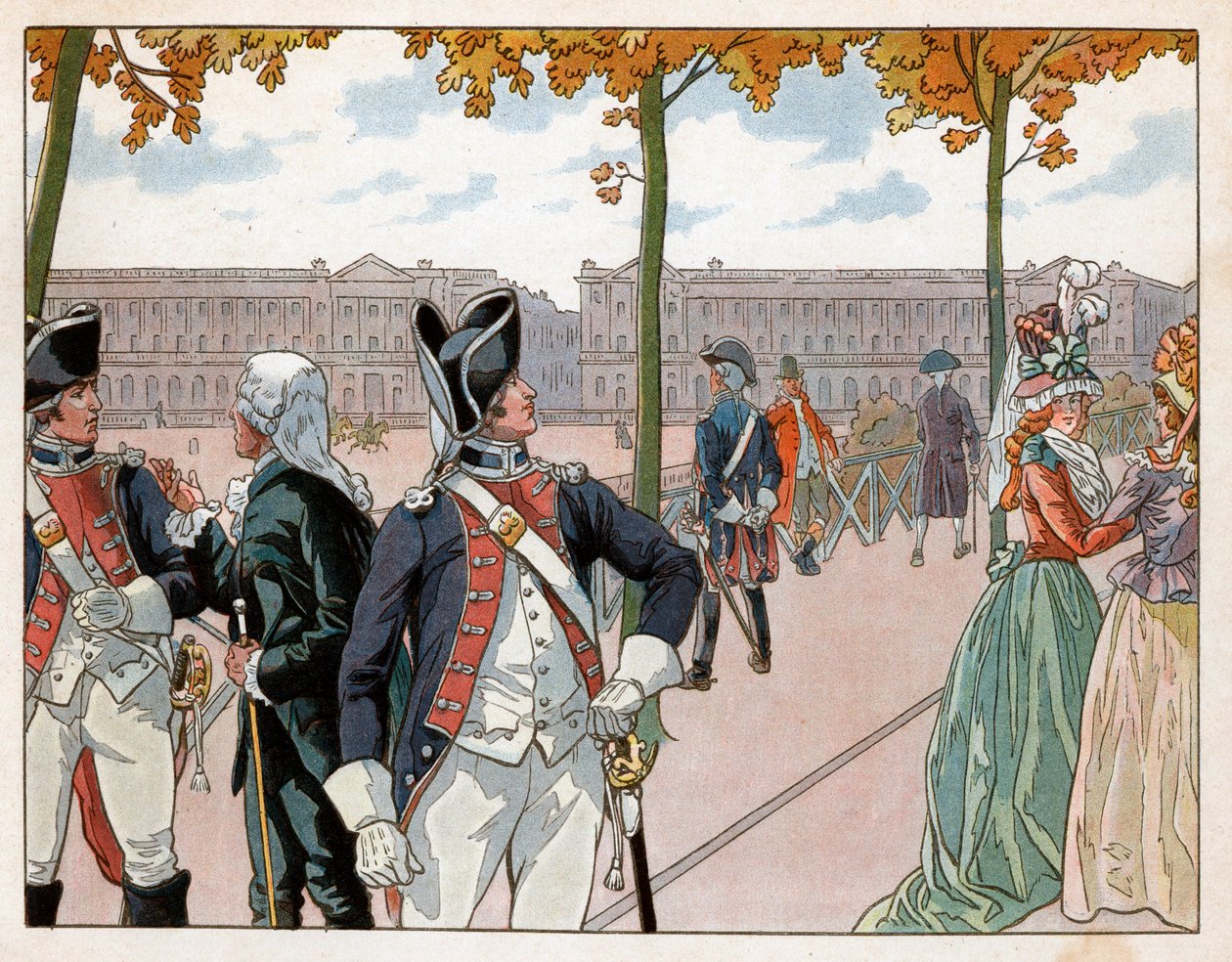Joachim Murat (1767-1815) i Bessieres w Paryżu w 1791 r. w stroju królewskiej gwardii konstytucyjnej. Grawerowanie: Jacques Marie Gaston Onfray de Breville dit Job (1858-1931) autorstwa pseudonym for Onfray de Breville Jacques Job