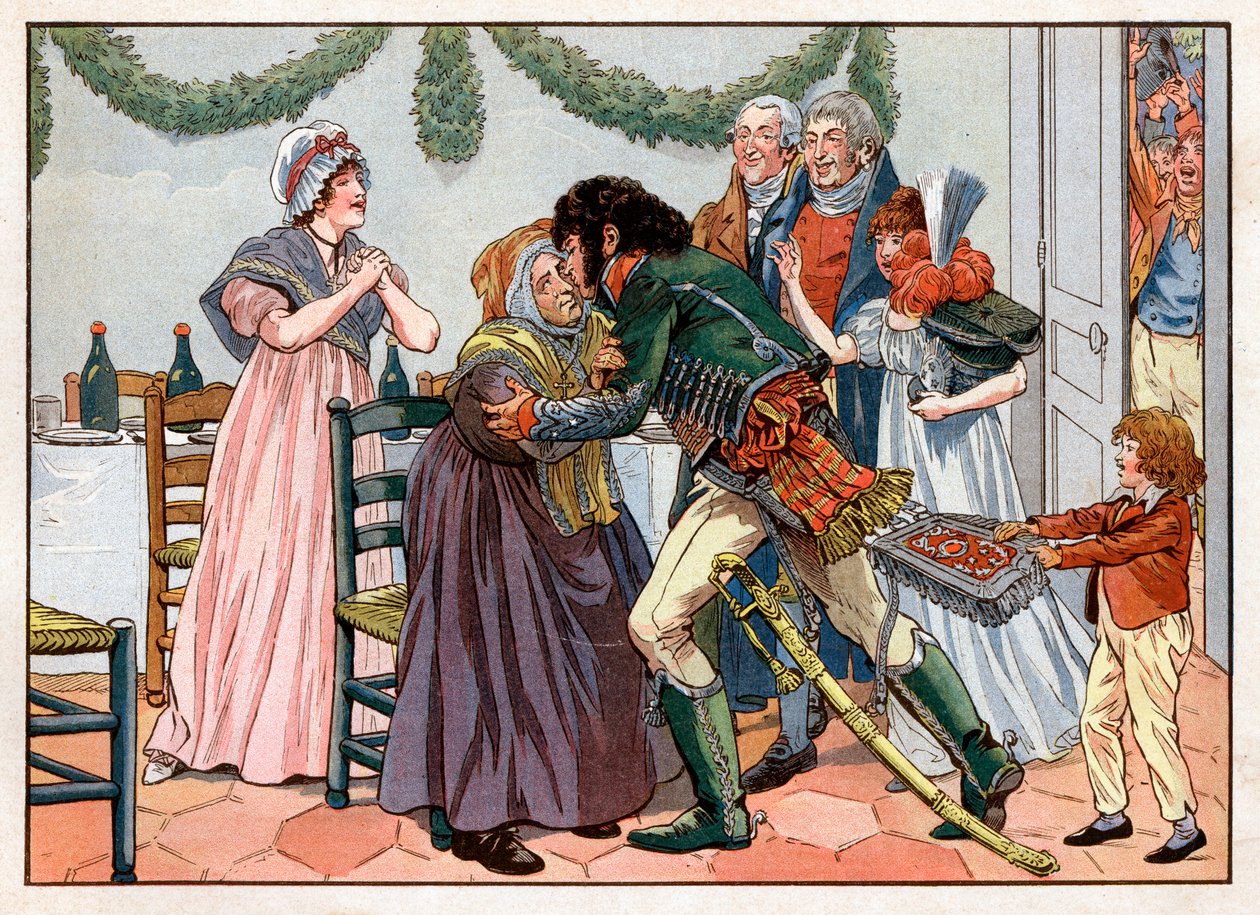 Joachim Murat (1767-1815) po powrocie do domu całuje matkę w rodzinnej karczmie. Grawerowanie: Jacques Marie Gaston Onfray de Breville dit Job (1858-1931) autorstwa pseudonym for Onfray de Breville Jacques Job