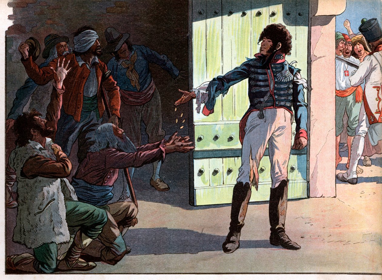 Joachim Murat (1767-1815), dechu król Neapolu, więzień w fortecy portu Pizzo rozdawał wraz z nim w 1815 pieniądze jeńcom bandytom. Grawer Jacques Marie Gaston Onfray de Breville dit Job (1858-1931) autorstwa pseudonym for Onfray de Breville Jacques Job