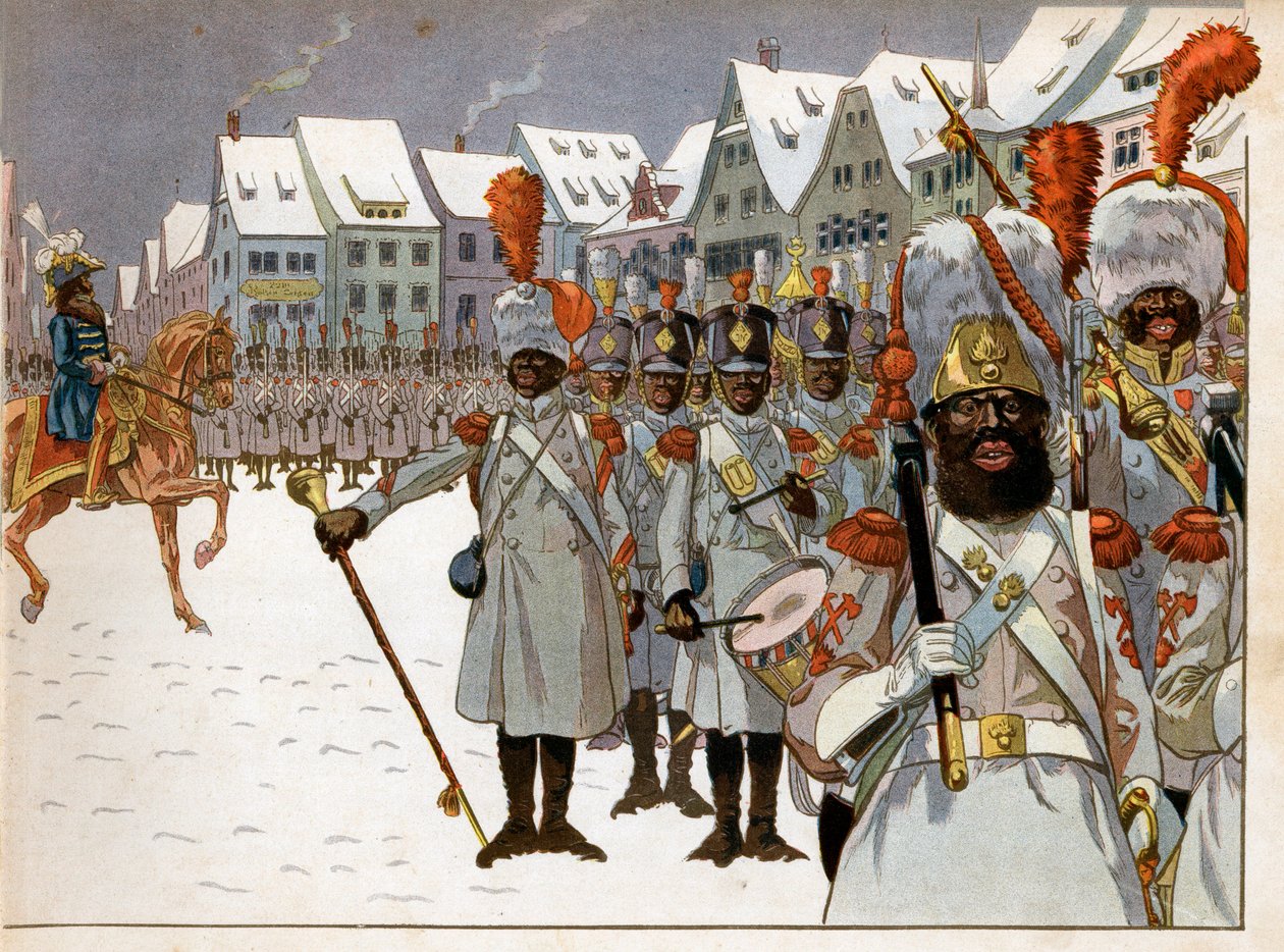 Joachim Murat (1767-1815) uratował dowództwo armii po opuszczeniu Rosji przez cesarza. W swojej siedzibie w Królewcu dokonuje przeglądu towarzystwa czarnych ludzi. Grawerowanie: Jacques Marie Gaston Onfray de Breville dit Job (1858-1931) autorstwa pseudonym for Onfray de Breville Jacques Job