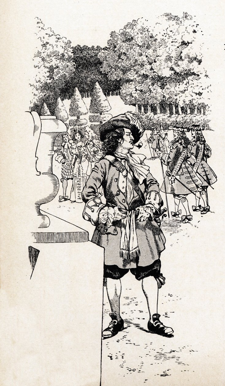 Król Francji Ludwik XIV zwany królem Soleil (1638-1715) ze swoimi dworzanami w ogrodach Wersalu. Ilustracja Joba (Jacques Marie Gaston Onfray i Breville) (Jacques-Marie) (1858-1931) do książki „Wielkie historyczne słowa kraju Francji” autorstwa pseudonym for Onfray de Breville Jacques Job