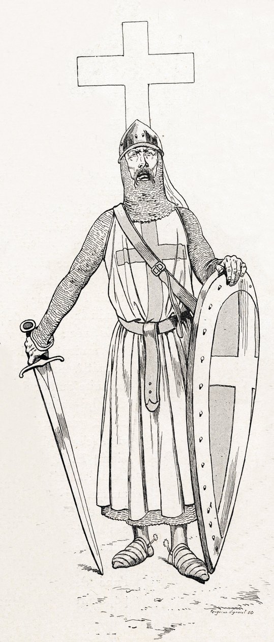 Rycerz Ludwika IX znany jako Saint Louis (1214-1270) w stroju krucjatowym. Ilustracja Joba (Jacques Marie Gaston Onfray i Breville) (Jacques-Marie) (1858-1931) do książki „Les grands mots historique du pays de France”” 1915. Kolekcja Privee. autorstwa pseudonym for Onfray de Breville Jacques Job