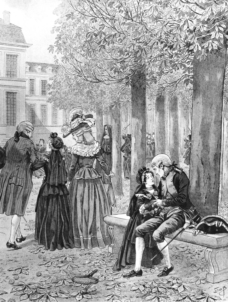 Napoleon Bonaparte (1769-1821) przejmujący opiekę nad swoją siostrą Elizą w St. Cyr w ok. 1784, ilustracja z „Bonaparte” G. Montorgueila autorstwa pseudonym for Onfray de Breville Jacques Job