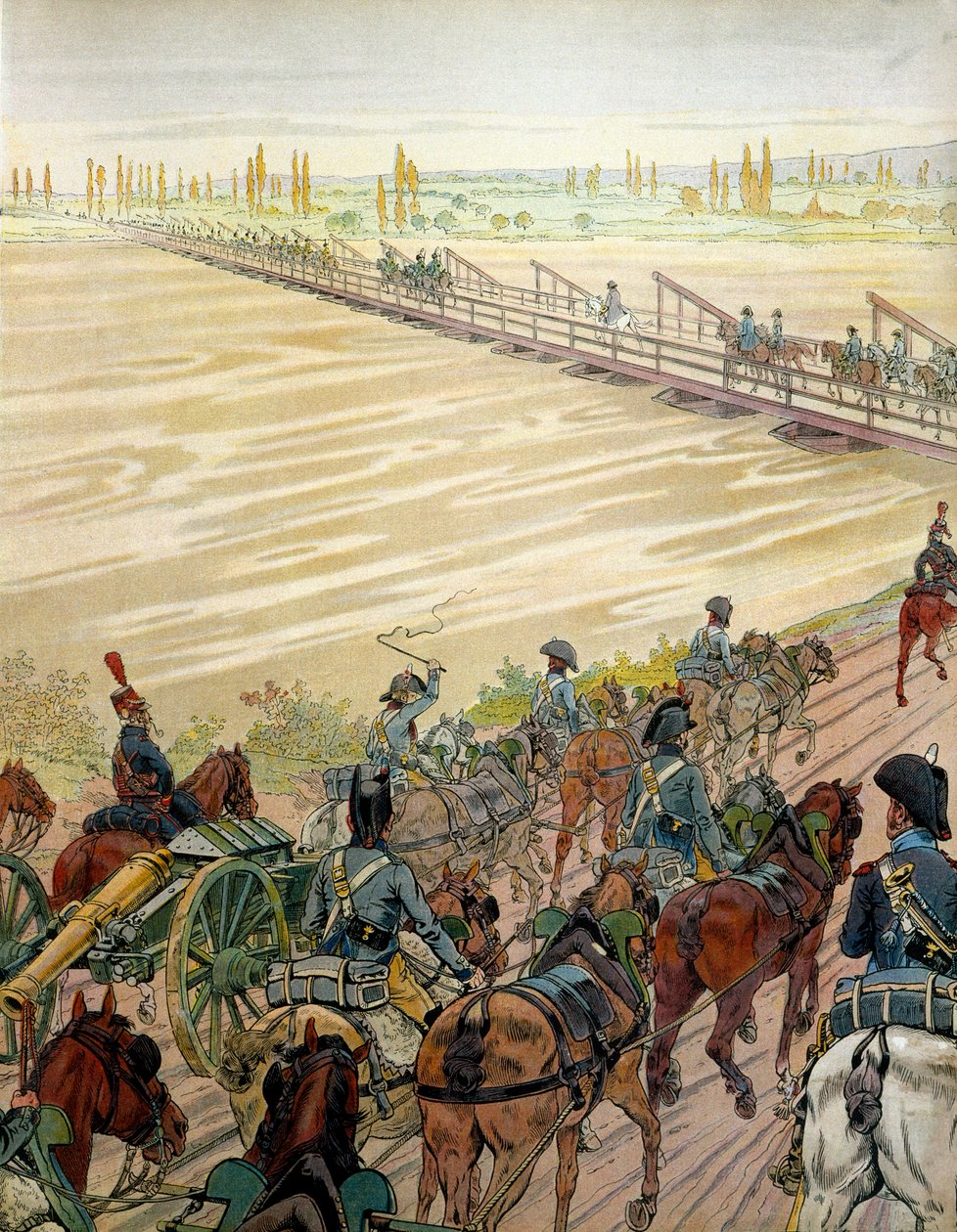 Napoleon I Bonaparte (1769-1821) i jego armia przepłynęli Ren 1 października 1805 r. W „Napoleonie” Georgesa Montorgueila. Ilustracja Jacques Marie Gaston Onfray de Breville dit JOB (1858-1931) autorstwa pseudonym for Onfray de Breville Jacques Job