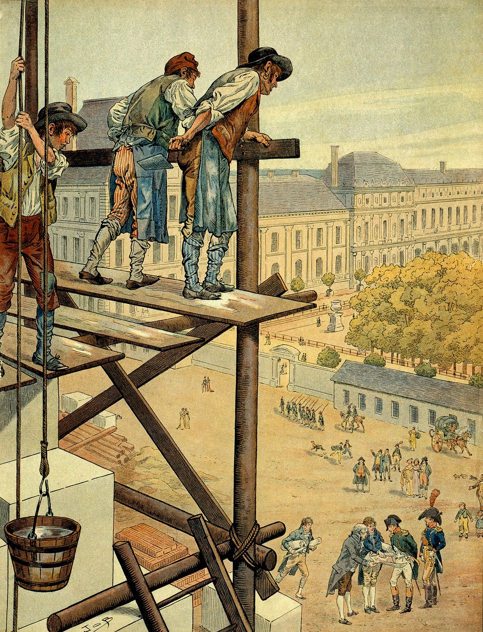 Napoleon I Bonaparte (1769-1821) zwracający uwagę na architektoniczne i urbanistyczne prace związane z połączeniem Luwru i Pałacu Tuileries w Paryżu z Placem i Rue de Rivoli, które rozpoczęło się w 1802 roku i powtarza nazwę bitwy, która miała miejsce autorstwa pseudonym for Onfray de Breville Jacques Job