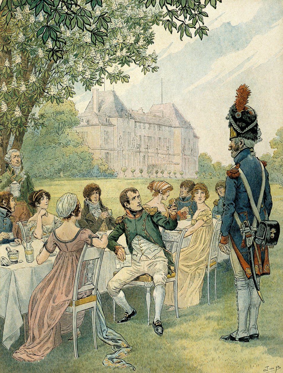 Napoleon I Bonaparte (1769-1821) podczas obiadu w ogrodach zamku Malmaison. Ilustracja Jacques Marie Gaston Onfray de Breville dit JOB (1858-1931). Prywatna kolekcja autorstwa pseudonym for Onfray de Breville Jacques Job