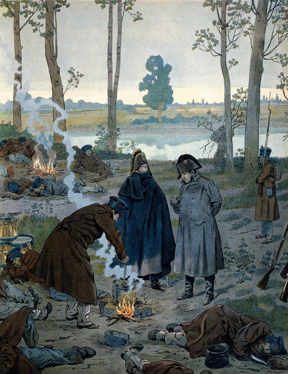 Napoleon I Bonaparte (1769-1821) na biwakach w przededniu bitwy pod Waterloo w 1815 r. W „Napoleonie” Georgesa Montorgueila. Ilustracja Jacques Marie Gaston Onfray de Breville dit JOB (1858-1931) autorstwa pseudonym for Onfray de Breville Jacques Job