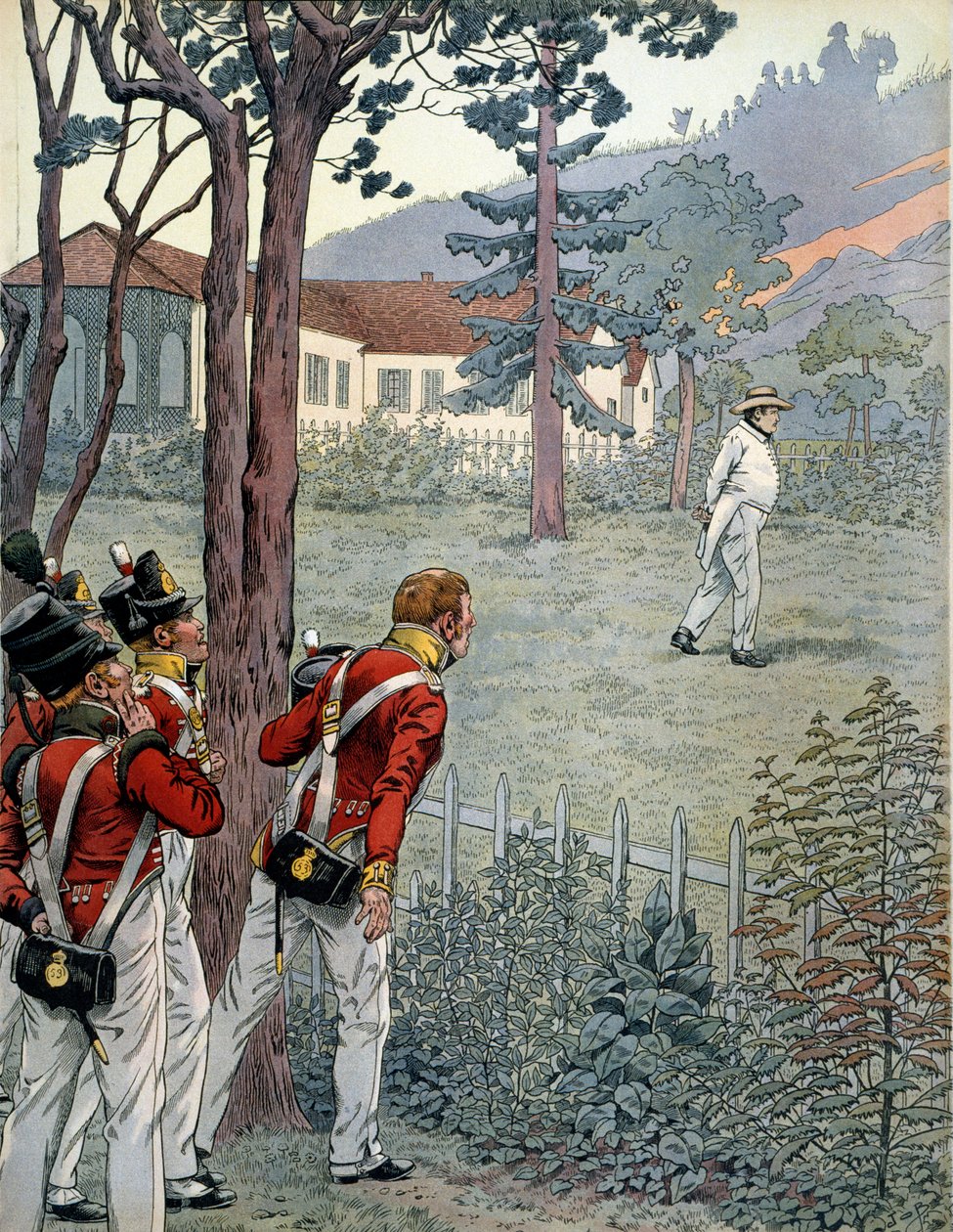 Napoleon I Bonaparte (1769-1821) pod zdumionym spojrzeniem armii brytyjskiej w niewoli na wyspie Świętej Heleny (Sainte-Helene) autorstwa pseudonym for Onfray de Breville Jacques Job
